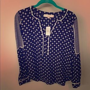 Loft Navy and White Polyester Blouse